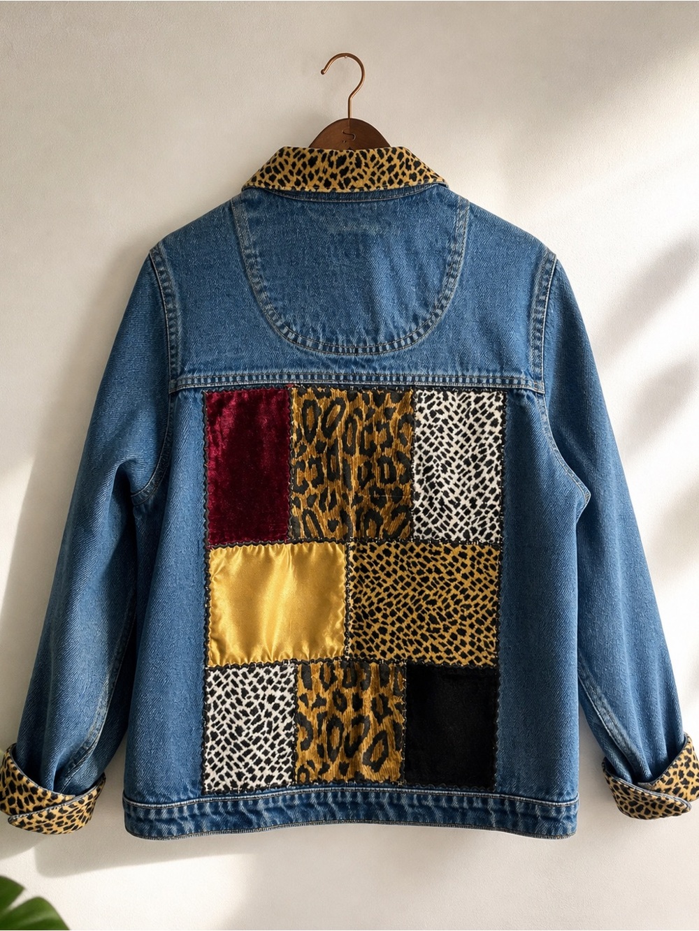 Vintage Carolina Blues Leopard Patchwork Denim Jacket 90s Animal Print S